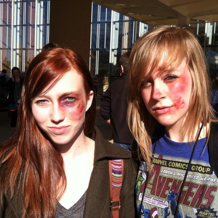 Caroline Oelkers and Sarah Locke show off their stage makeup after a workshop.