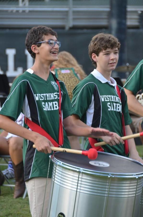 Members of the Westminster Samba perform at Pigskin Picnic 