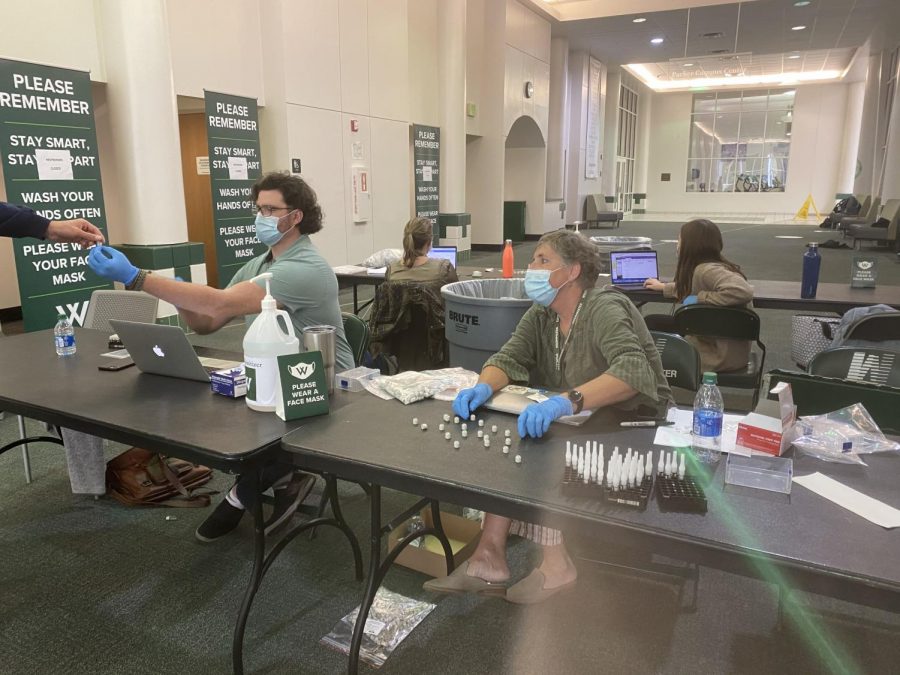 Kelley and Tyler Day organize students’ saliva samples during weekly testing. 