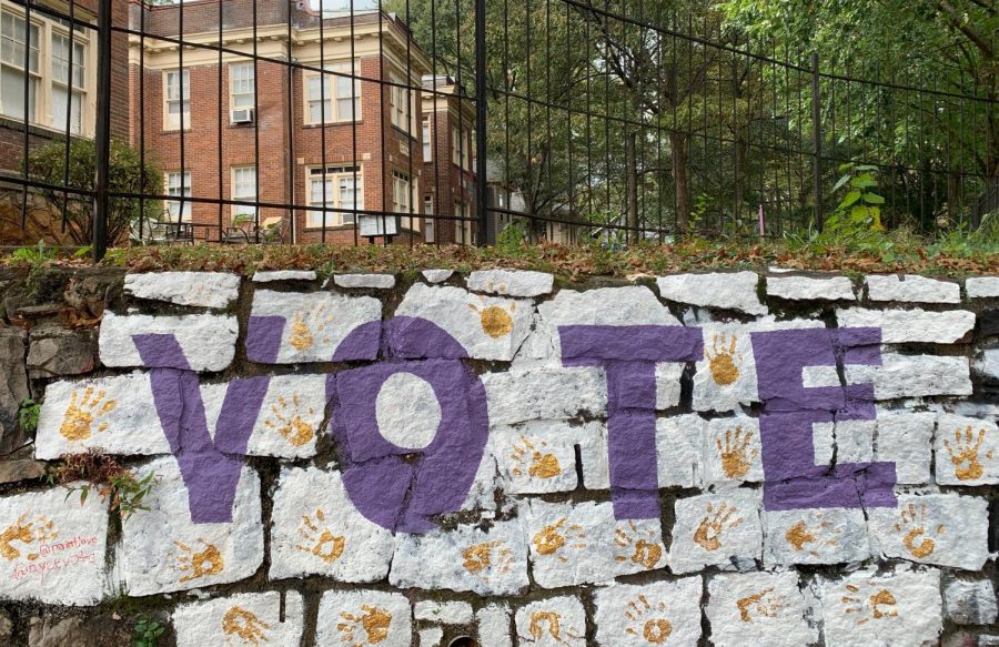 Lagisetti’s mural across a stone wall inspires viewers to vote.