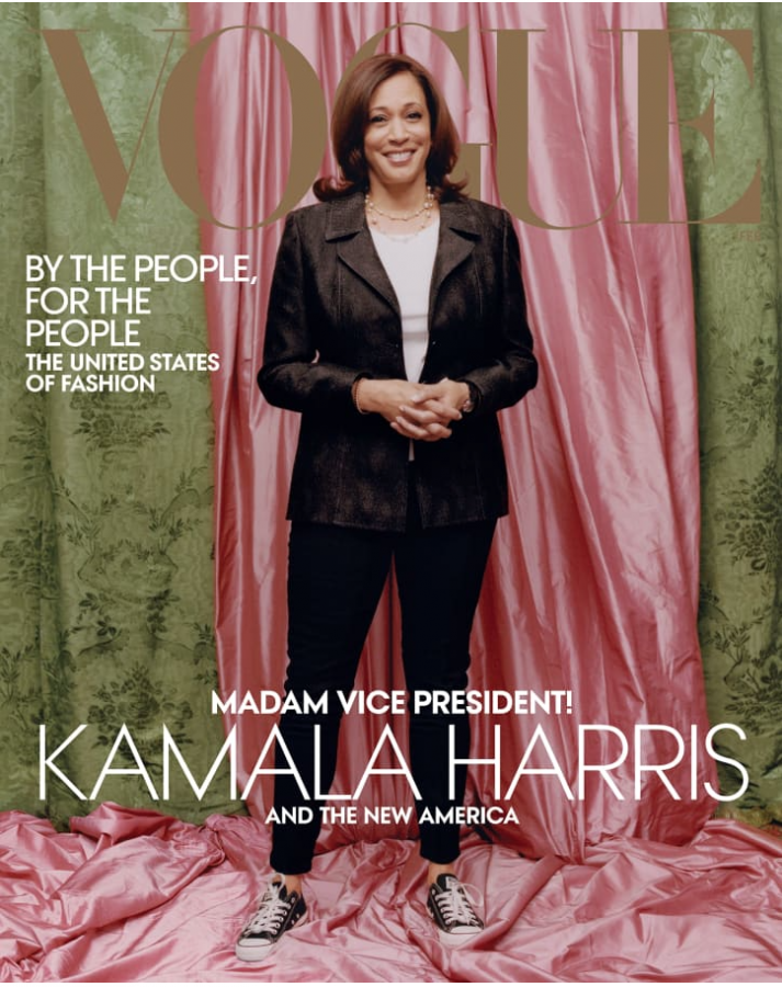 Vice President Kamala Harris poses in her official vogue photoshoot. Credit to Vogue.