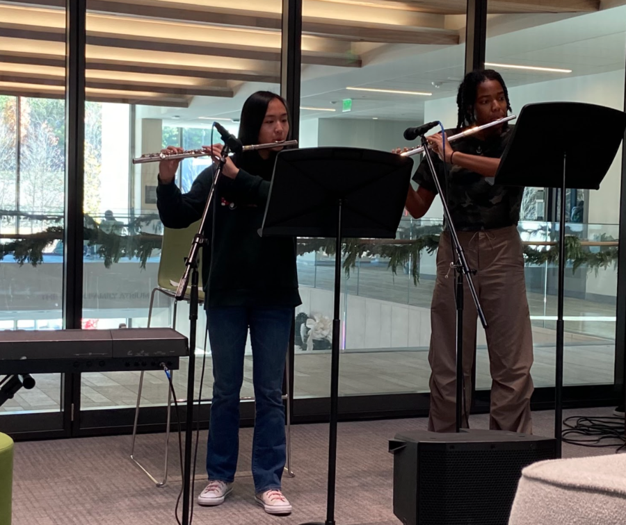 Melanie Zhang (Left) and Kelsey Chambers (Right) perform a flute duet.