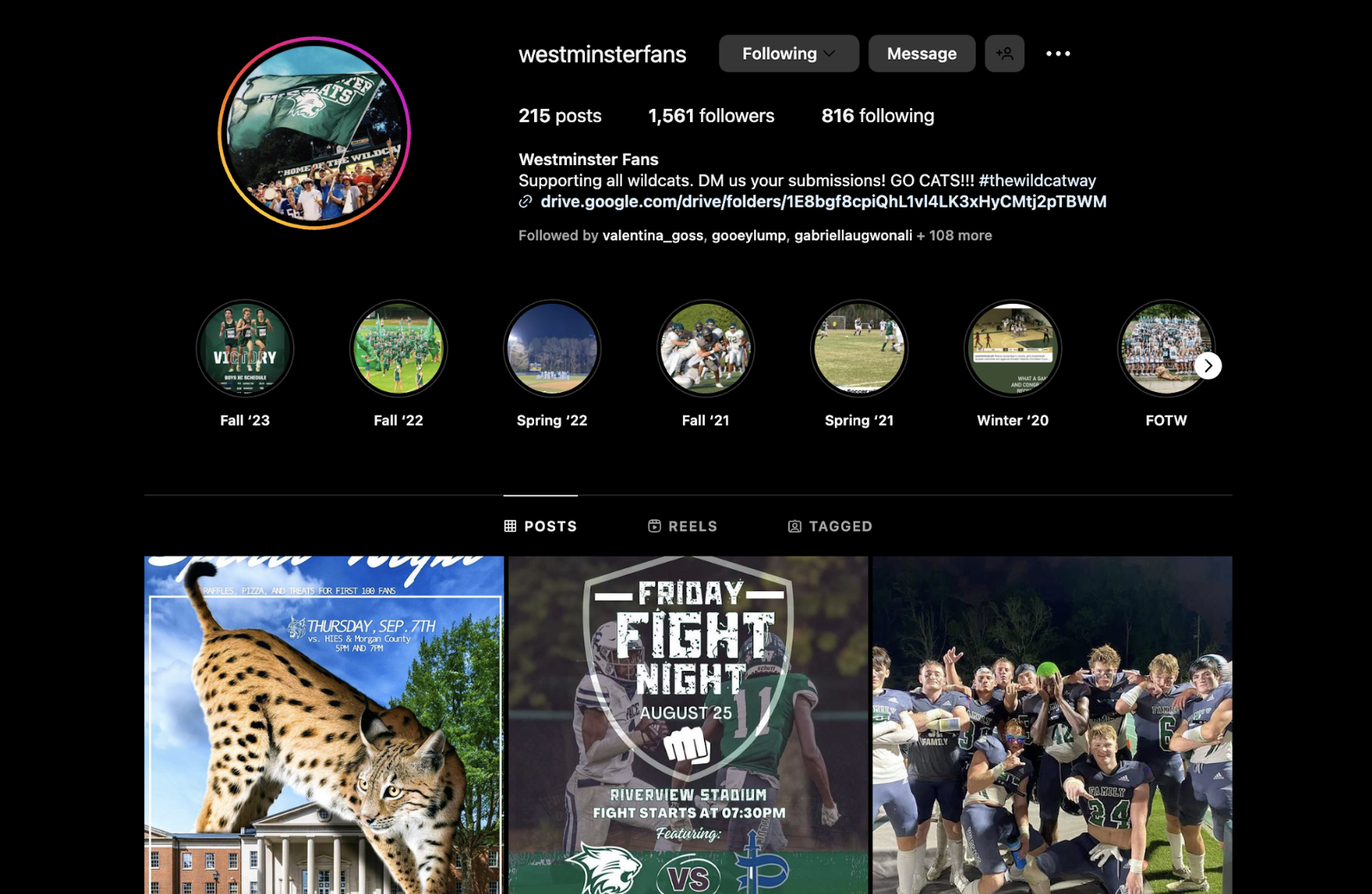 The Westminster Fans Instagram Account; used to promote games, recognize athlete’s achievements, and highlight certain events.