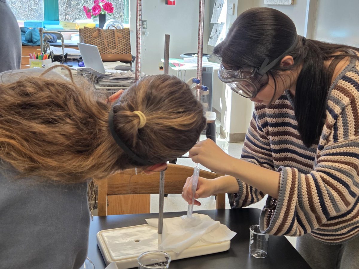 Lab Partners work together to collect a precise amount of solutions from a burette.