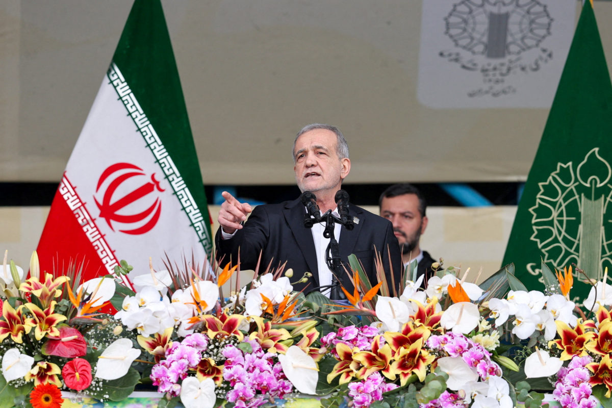 Iranian President Masoud Pezeshkian speaks during the 47th anniversary of the Islamic Revolution in Tehran, Iran, February 11, 2026. Iran's Presidential website/WANA (West Asia News Agency)/Handout via REUTERS ATTENTION EDITORS - THIS PICTURE WAS PROVIDED BY A THIRD PARTY.     TPX IMAGES OF THE DAY